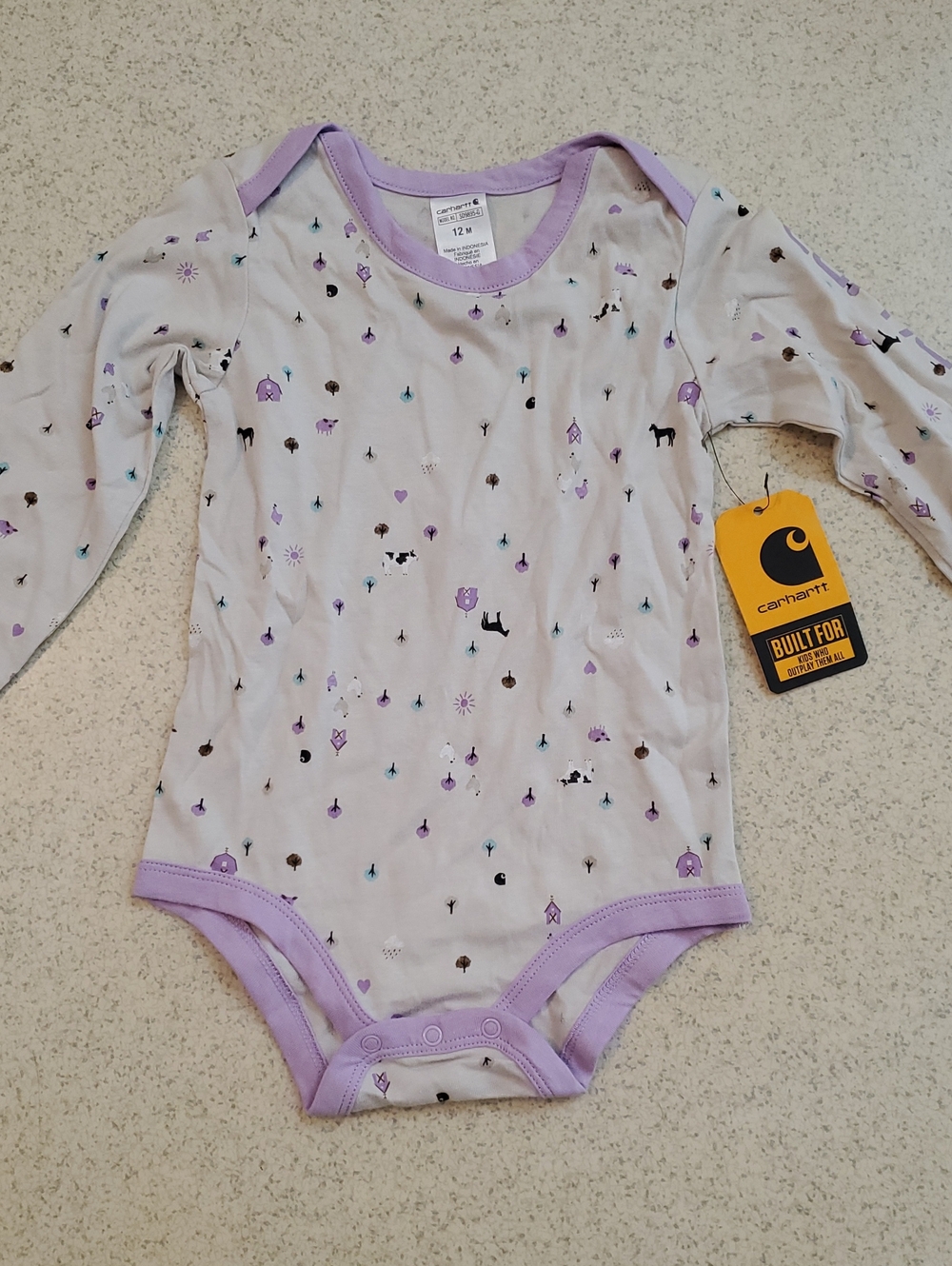 Carhartt Lavender Long-Sleeve Baby Bodysuit with Playful Print